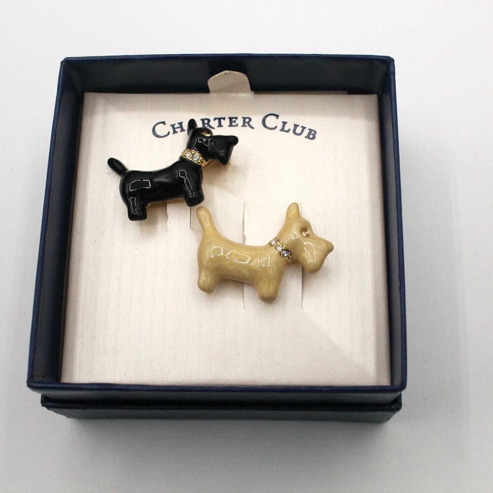 NEW Charter Club‎ Scottie Dog Enamel Rhinestone Brooch Pin Set of 2